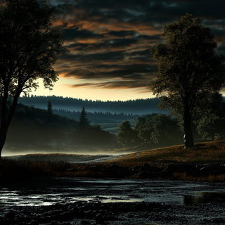 Crenellation Wash style, Midjourney V6.1: realistic landscape photograph of quiet dawn