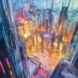 Redblue Ornamentalism style, Midjourney V6.1: megacity with futuristic bioarchitecture