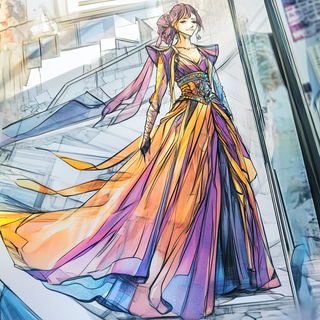 Redblue Ornamentalism style, Midjourney V6.1: haute-couture fashion outfit