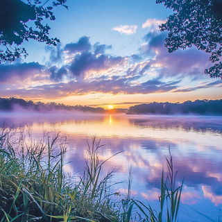Redblue Ornamentalism style, Midjourney V6.1: realistic landscape photograph of quiet dawn
