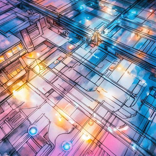 Redblue Ornamentalism style, Midjourney V6.1: technical infrastructure blueprint schematics