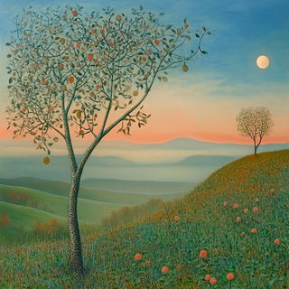Maquettomyth style, Midjourney V6.1: realistic landscape photograph of quiet dawn