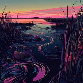 Inkband Zoology style, Midjourney V6.1: realistic landscape photograph of quiet dawn