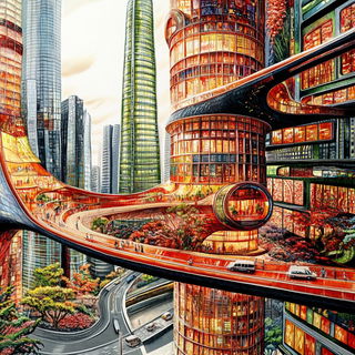 Fossil Petalism style, Midjourney V6.1: megacity with futuristic bioarchitecture