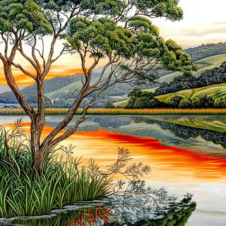 Fossil Petalism style, Midjourney V6.1: realistic landscape photograph of quiet dawn