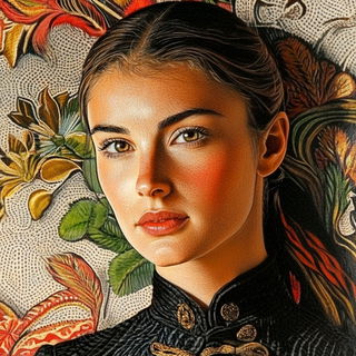 Fossil Petalism style, Midjourney V6.1: photographic portrait of female protagonist