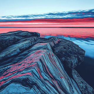 Chromabillboardism style, Midjourney V6.1: realistic landscape photograph of quiet dawn