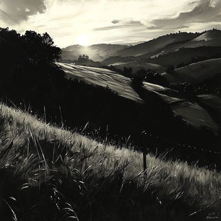 Pastel Automarble style, Midjourney V6.1: realistic landscape photograph of quiet dawn