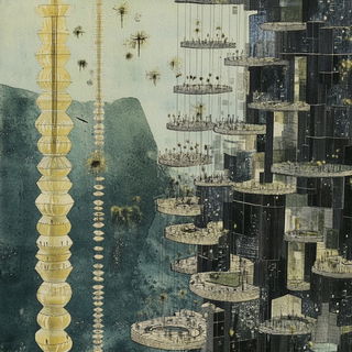 Gloamicon style, Midjourney V6.1: megacity with futuristic bioarchitecture
