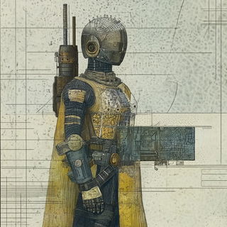 Gloamicon style, Midjourney V6.1: concept art character design of retropunk steam knight