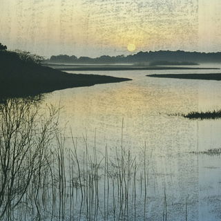 Gloamicon style, Midjourney V6.1: realistic landscape photograph of quiet dawn