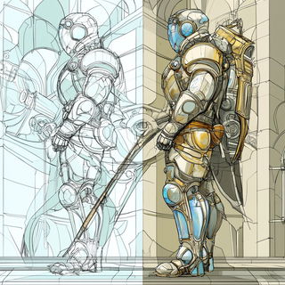 Parallax Brocade style, Midjourney V6.1: concept art character design of retropunk steam knight