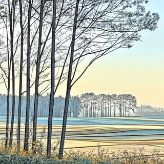 Parallax Brocade style, Midjourney V6.1: realistic landscape photograph of quiet dawn