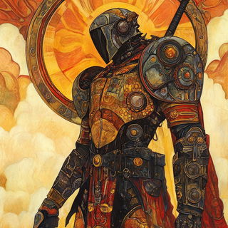 Parchment Mythoskeleton style, Midjourney V6.1: concept art character design of retropunk steam knight