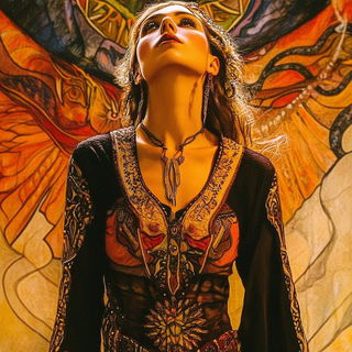 Parchment Mythoskeleton style, Midjourney V6.1: photographic portrait of female protagonist