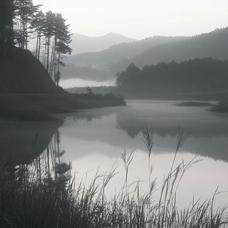 Mosaicourt style, Midjourney V6.1: realistic landscape photograph of quiet dawn