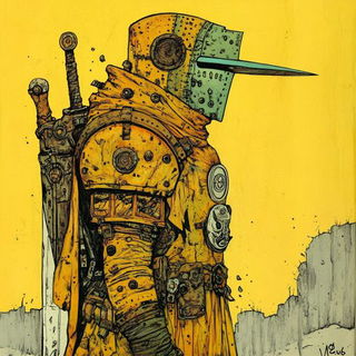 Emblematic Coloratura style, Midjourney V6.1: concept art character design of retropunk steam knight