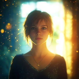 Penfolklore style, Midjourney V6.1: photographic portrait of female protagonist
