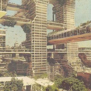 Petalcut style, Midjourney V6.1: megacity with futuristic bioarchitecture