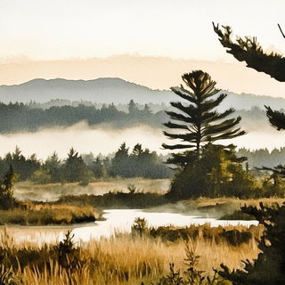 Basidiomagenta style, Midjourney V6.1: realistic landscape photograph of quiet dawn
