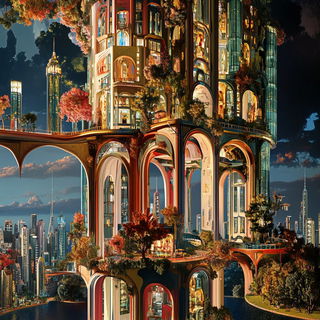 Merribell Pavilion Works style, Midjourney V6.1: megacity with futuristic bioarchitecture