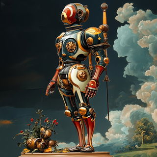 Merribell Pavilion Works style, Midjourney V6.1: concept art character design of retropunk steam knight
