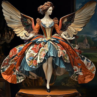 Merribell Pavilion Works style, Midjourney V6.1: haute-couture fashion outfit