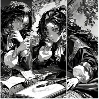 Merribell Pavilion Works style, Midjourney V6.1: black-and-white manga comic strip