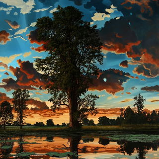 Merribell Pavilion Works style, Midjourney V6.1: realistic landscape photograph of quiet dawn