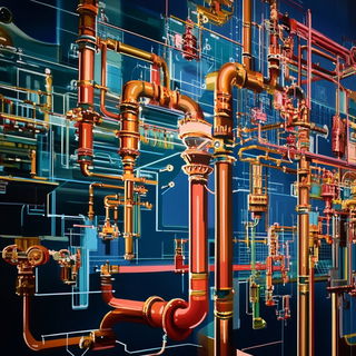 Merribell Pavilion Works style, Midjourney V6.1: technical infrastructure blueprint schematics