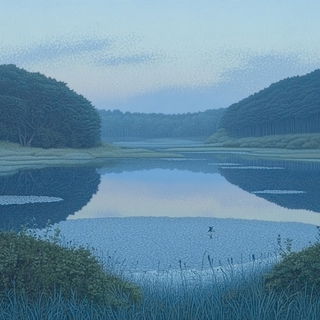 Chromabotany style, Midjourney V6.1: realistic landscape photograph of quiet dawn