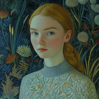 Chromabotany style, Midjourney V6.1: photographic portrait of female protagonist