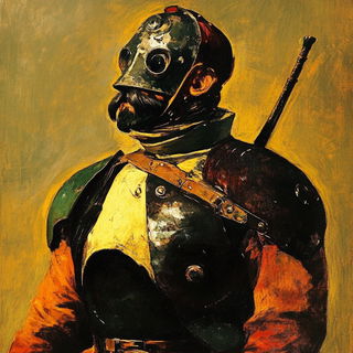 Skywall Monumentalism style, Midjourney V6.1: concept art character design of retropunk steam knight