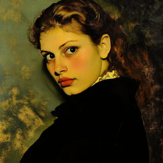 Skywall Monumentalism style, Midjourney V6.1: photographic portrait of female protagonist