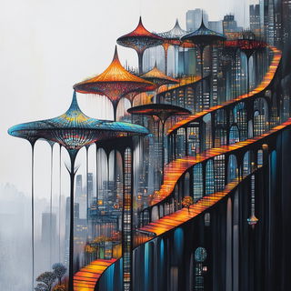 Gilded Lineage style, Midjourney V6.1: megacity with futuristic bioarchitecture