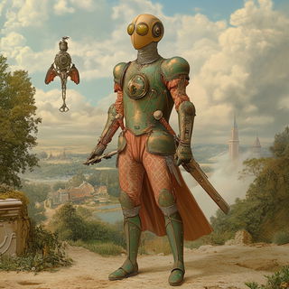 Hummingbird Chromafloat style, Midjourney V6.1: concept art character design of retropunk steam knight