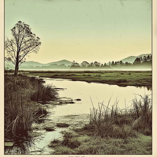 Engravalia style, Midjourney V6.1: realistic landscape photograph of quiet dawn