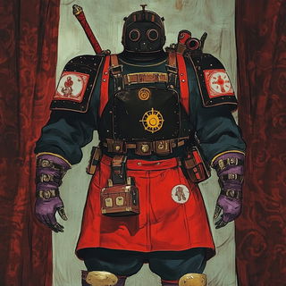 Kurofude Atelier style, Midjourney V6.1: concept art character design of retropunk steam knight