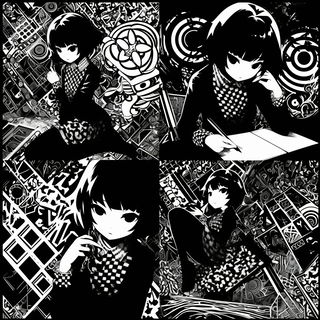 Gouachecosm style, Midjourney V6.1: black-and-white manga comic strip
