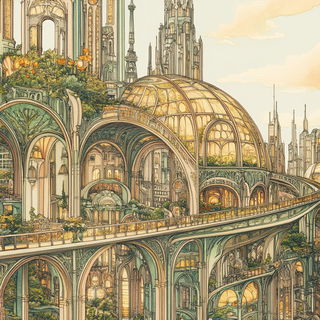 Bumblequill style, Midjourney V6.1: megacity with futuristic bioarchitecture