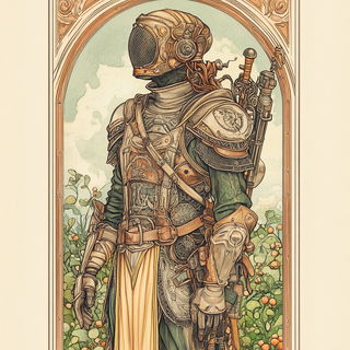 Bumblequill style, Midjourney V6.1: concept art character design of retropunk steam knight