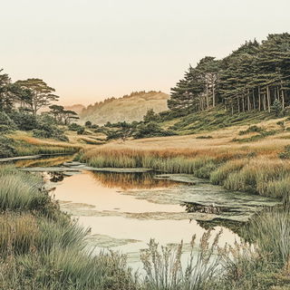 Bumblequill style, Midjourney V6.1: realistic landscape photograph of quiet dawn