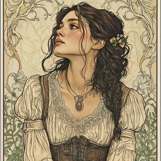 Bumblequill style, Midjourney V6.1: photographic portrait of female protagonist