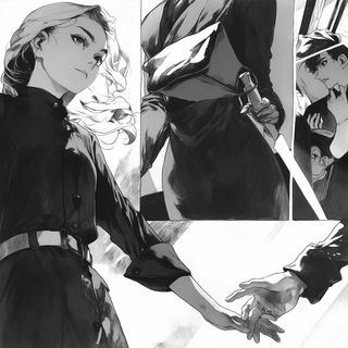 Balustradion style, Midjourney V6.1: black-and-white manga comic strip