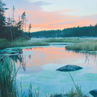 Mandapamorph style, Midjourney V6.1: realistic landscape photograph of quiet dawn