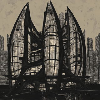 Heliograph Mantis style, Midjourney V6.1: megacity with futuristic bioarchitecture
