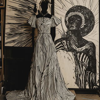 Heliograph Mantis style, Midjourney V6.1: haute-couture fashion outfit
