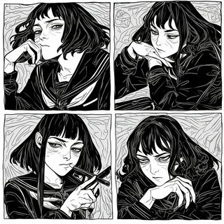 Heliograph Mantis style, Midjourney V6.1: black-and-white manga comic strip