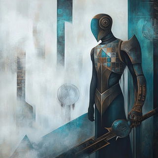 Stratacollage style, Midjourney V6.1: concept art character design of retropunk steam knight
