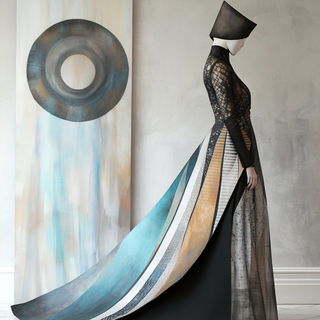 Stratacollage style, Midjourney V6.1: haute-couture fashion outfit